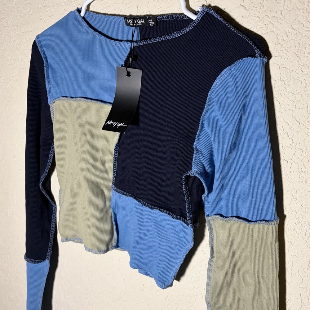 NWT Nasty Gal Blue and Green Patchwork Crop Top